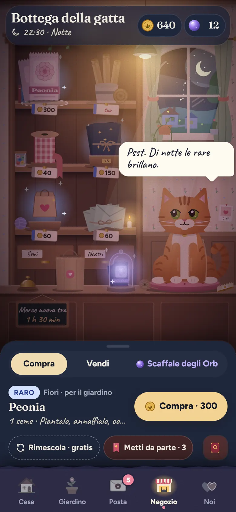 La bottega della gatta di notte: scaffali con semi, nastri e carta da lettere, cose rare che si illuminano e la gatta dice: Psst. Di notte le rare si illuminano.