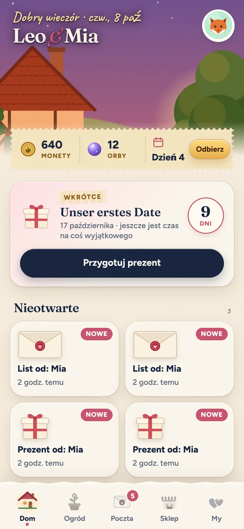 Ekran startowy wieczorem: Leo i Mia przed swoim domem, 640 monet, odliczanie do pierwszej randki oraz nieotwarte listy i prezenty od Mii